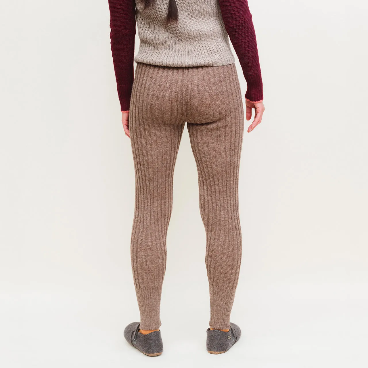 Women's High Waisted Knitted Rib Leggings - 100% Baby Alpaca - Mocha (S-M) *SECONDS/MENDED