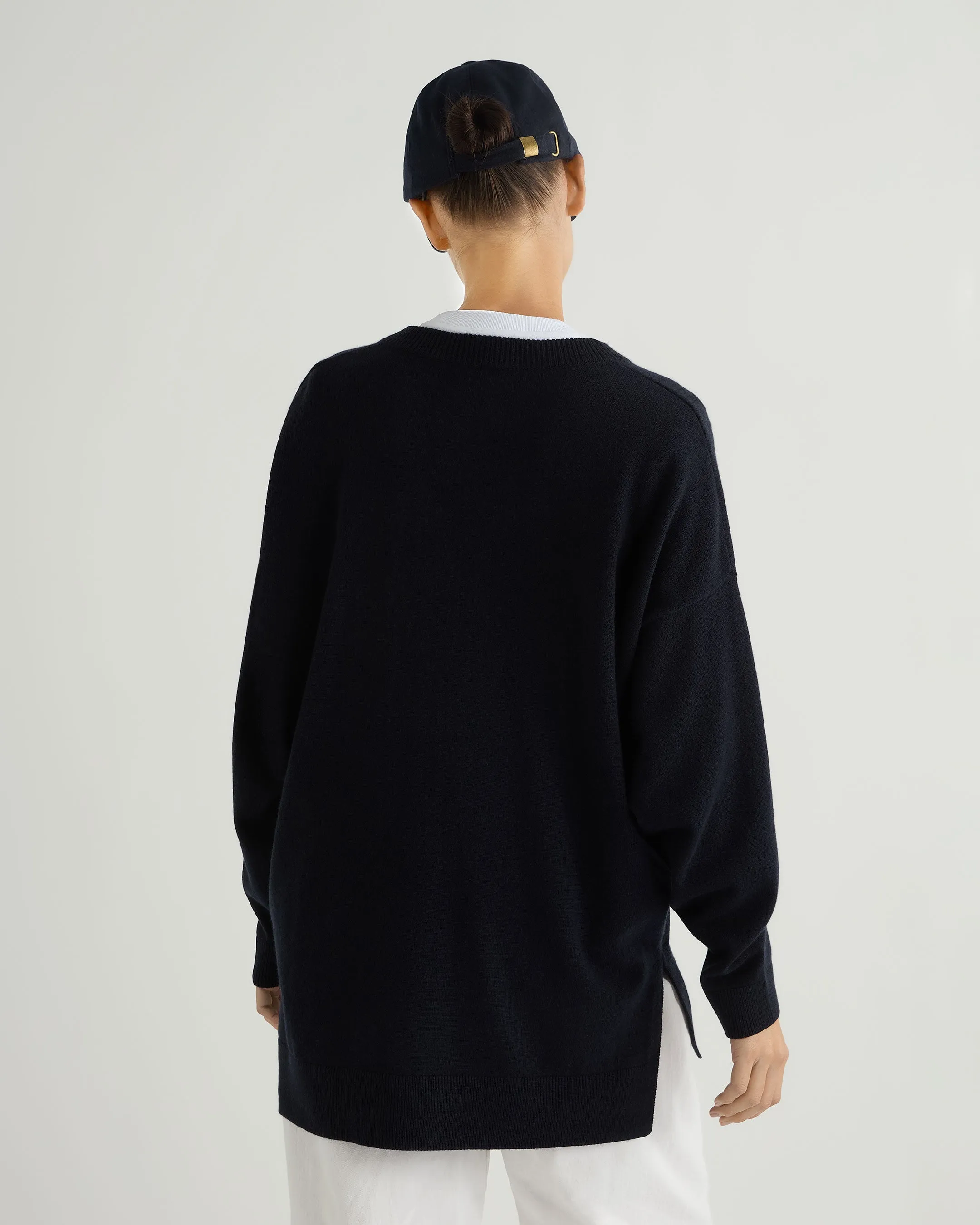 Women's Longline V Neck Cashmere Jumper Navy Blue